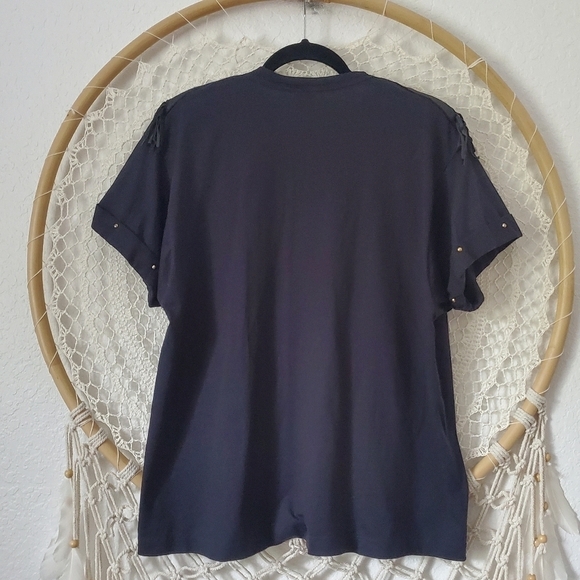 Vintage 80s V-Neck Short Sleeve Boho Western Jeweled Fringe Womens Black Top O/S - Picture 6 of 7